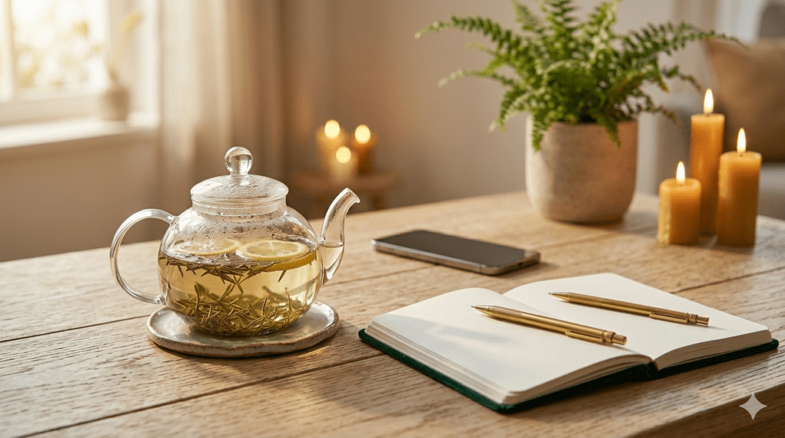 A serene screen-free morning routine with a smartphone face down, a brewing rosemary lemon tea, a dotted journal, and beeswax candles, perfect for our guide to digital detox rituals.
