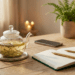 A serene screen-free morning routine with a smartphone face down, a brewing rosemary lemon tea, a dotted journal, and beeswax candles, perfect for our guide to digital detox rituals.