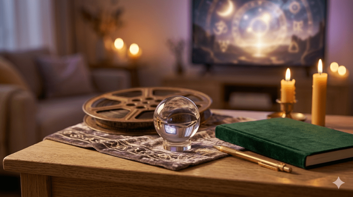 Aesthetic mindful movie night ritual with a crystal ball, film reel, and beeswax candles, perfect for spiritual movies for manifestation.