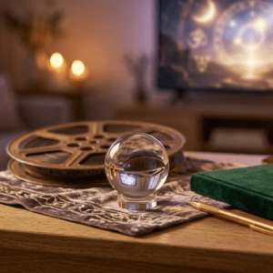 Aesthetic mindful movie night ritual with a crystal ball, film reel, and beeswax candles, perfect for spiritual movies for manifestation.